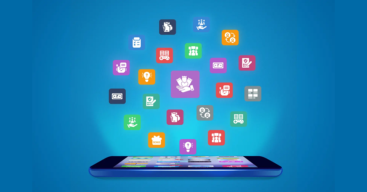 Illustration of a Super App interface showcasing loyalty rewards, gamification, and referral options.
