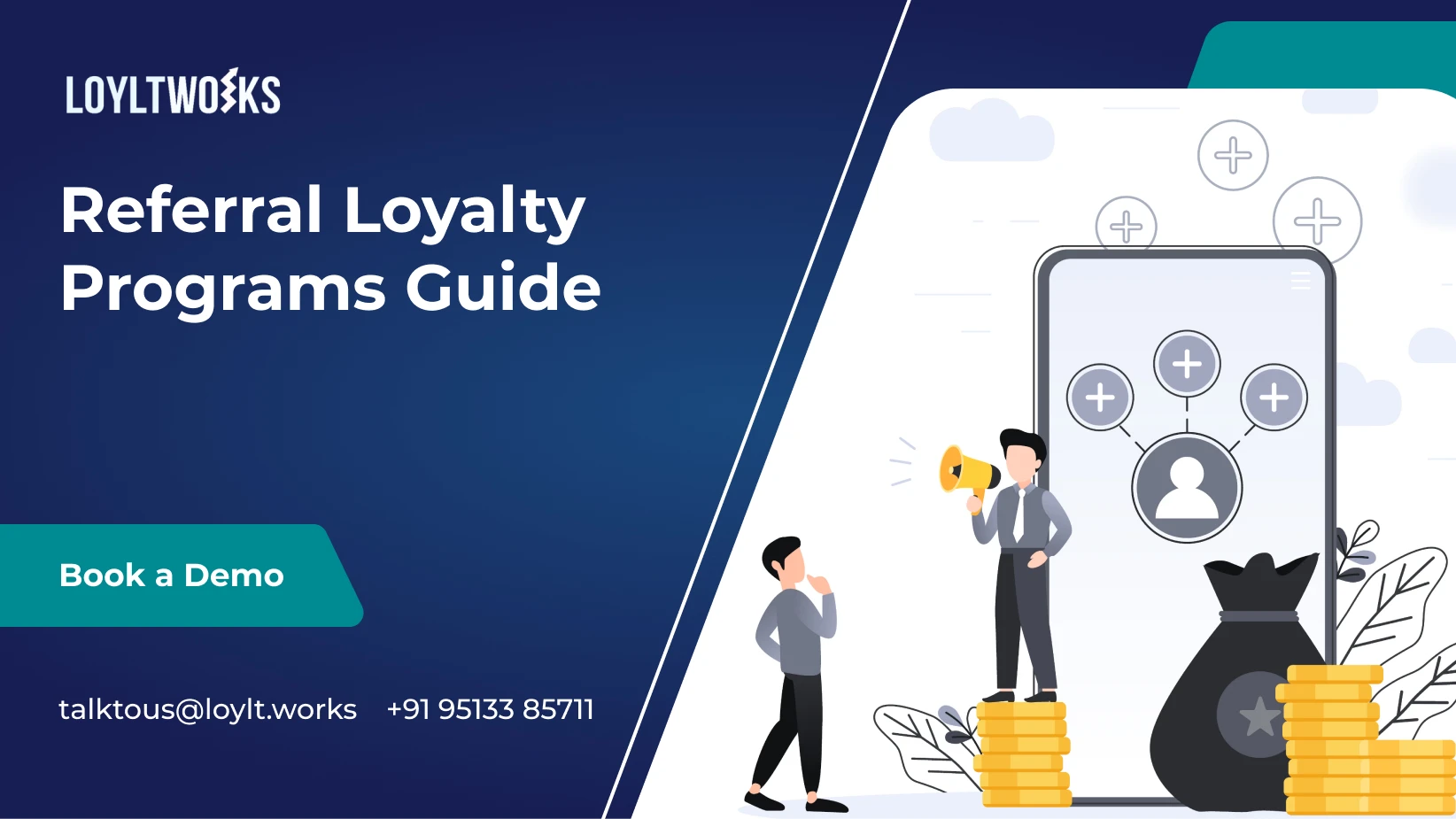 Illustration of a referral loyalty program process with customers sharing referral codes and earning rewards.